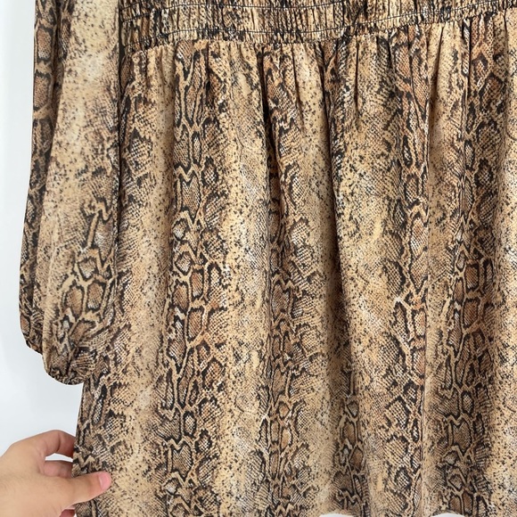 Ganni Long Sleeve Smocked Dress Light Brown Snakeskin Print Size 38 Us Size 6 - Picture 12 of 13
